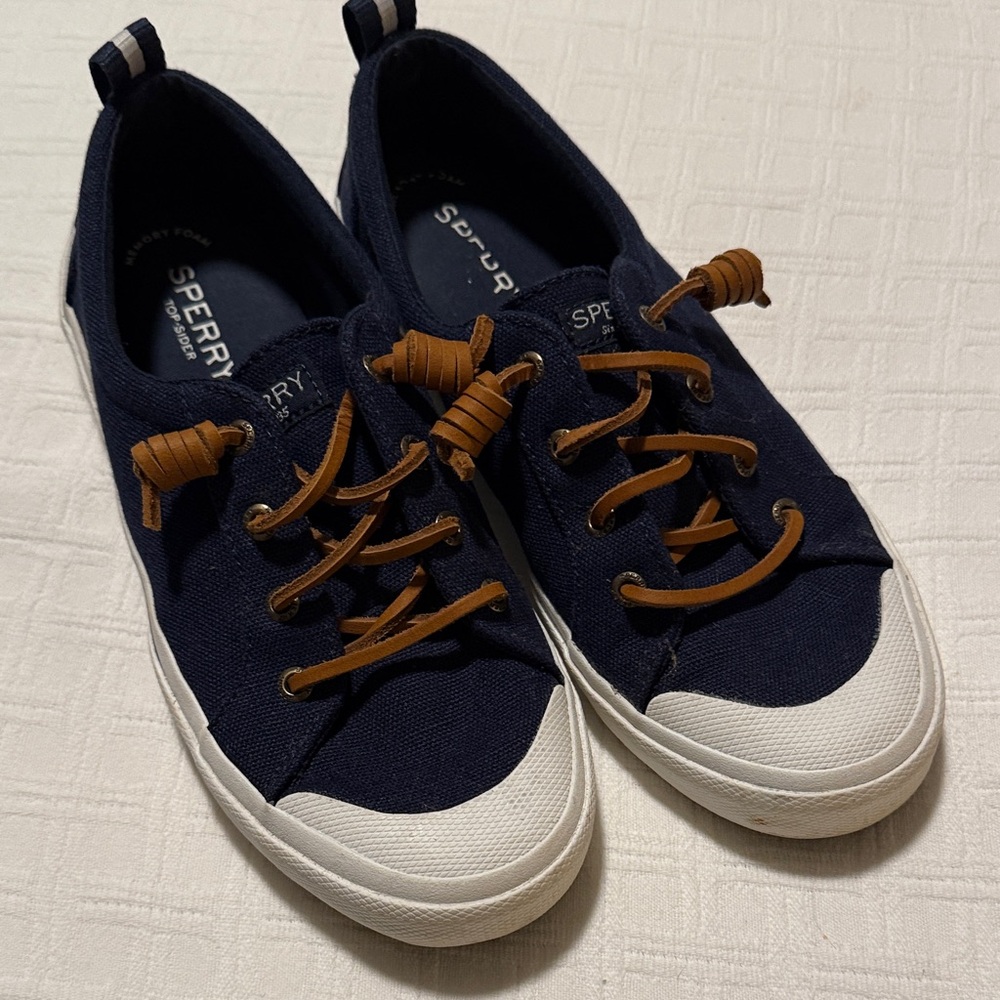 Sperry Canvas Boat Shoes Women’s 7.5 Blue Leather Laces Preppy Coastal